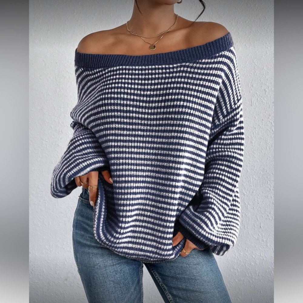 Striped Off-Shoulder Sweater - Navy and White